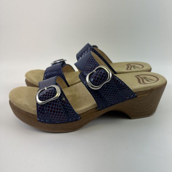 Dansko Sophie Sandal Blue Purple Snakeskin Leather Double Buckle Womens 38 7.5 - Picture 2 of 14